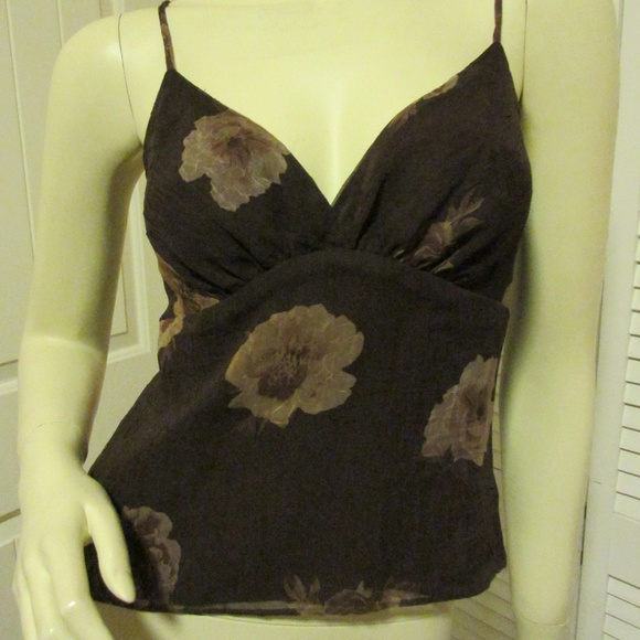 Y2K Vintage 90s Womens V-Neck Floral Top 6 P Made USA Spaghetti Cami Dark Brown - Picture 5 of 8